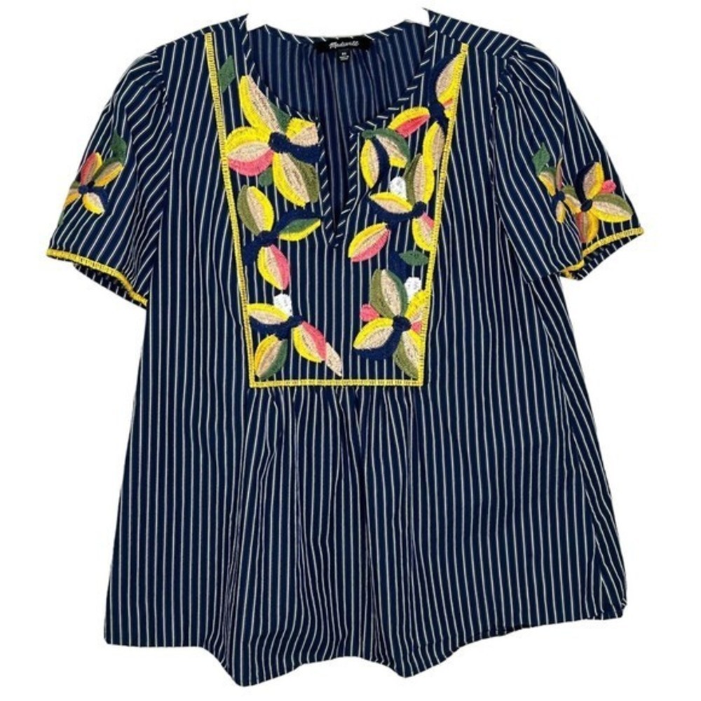 Madewell Fable Top Embroidered Stripe Popover Navy Short Sleeve Cotton XS H7398